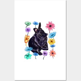 bunny rabbit cute  ebony blue colored coloured lionhead bunny rabbit among watercolor flowers Posters and Art